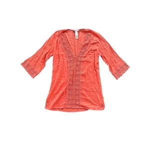 LA BLANCA Coral Crochet V Neck 3/4 Sleeve Tunic Cover Up Women's M